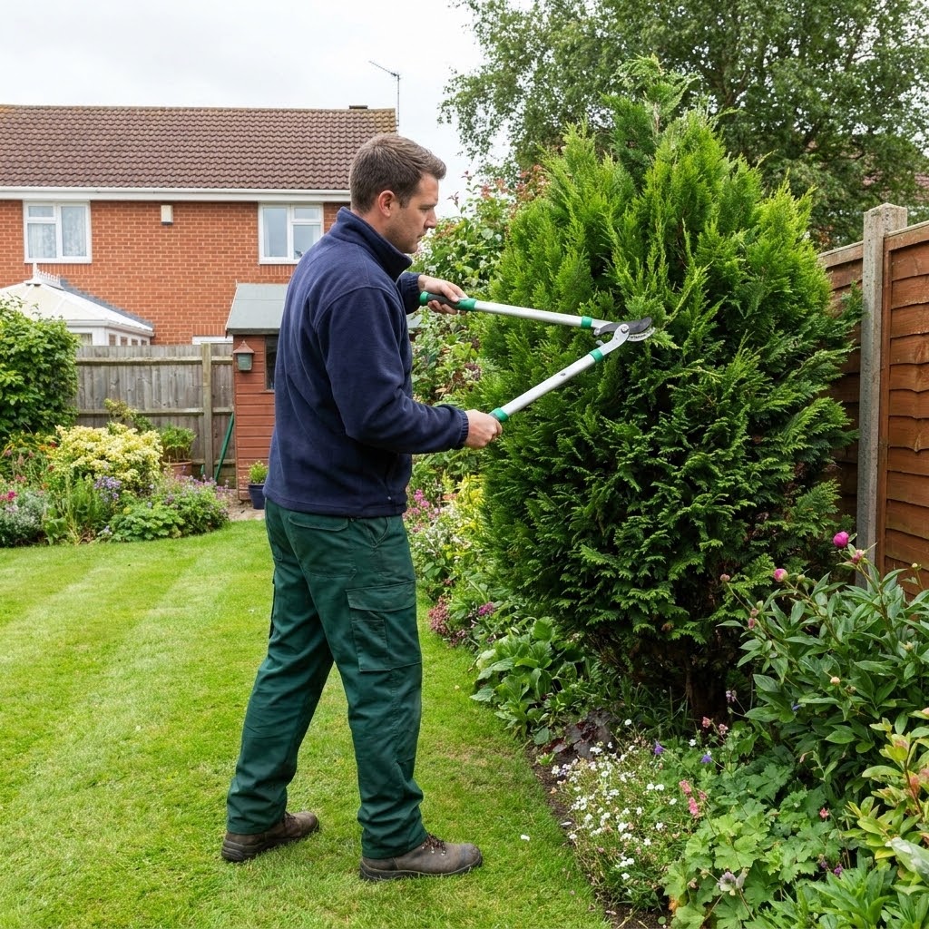 Skilled gardener trimming hedges as part of regular garden maintenance in Kingston