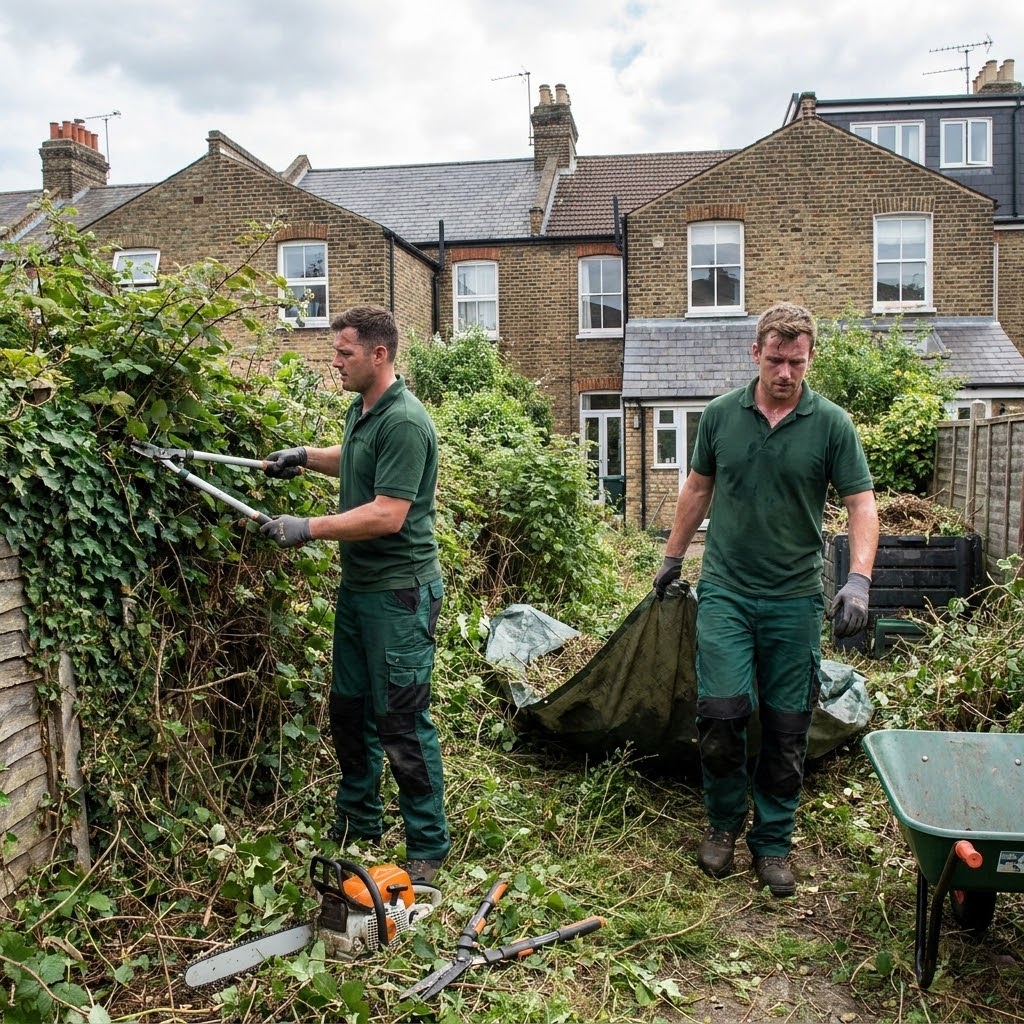 residential garden in Kingston with 2 gardeners while working