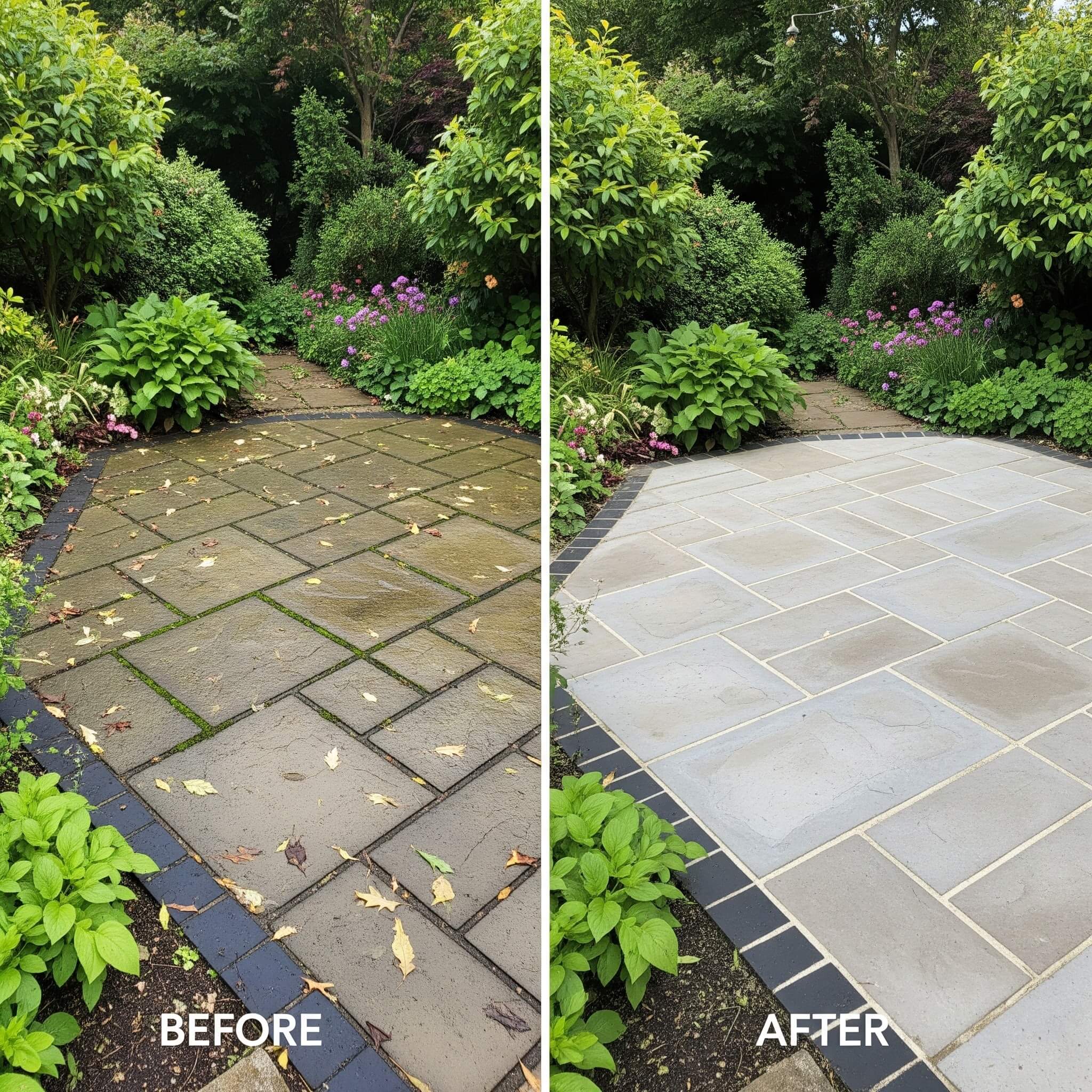 Before and after pressure washing in Kingston showing restored outdoor surfaces