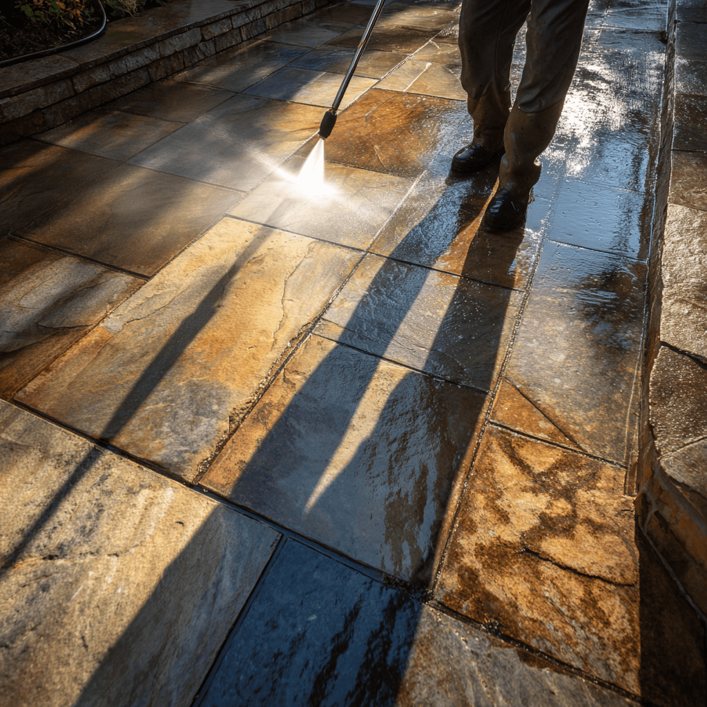 ressure washing service in Kingston cleaning paving slabs and stone surfaces